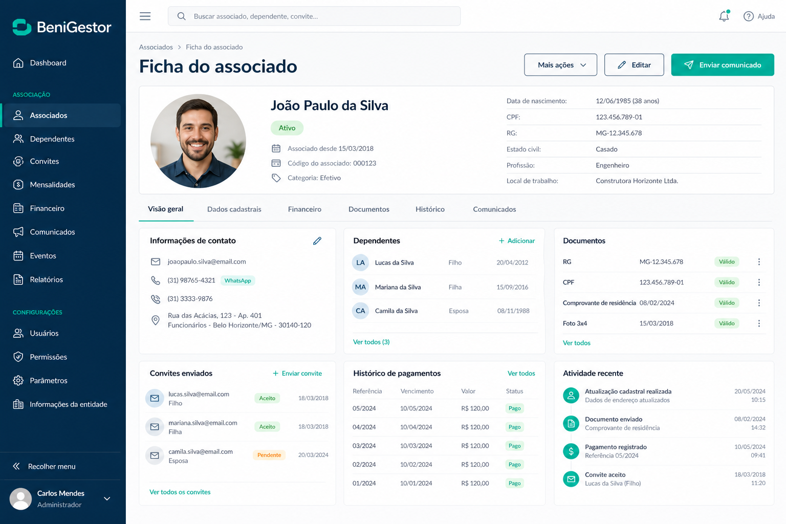 Ficha de filiado no sistema BeniGestor